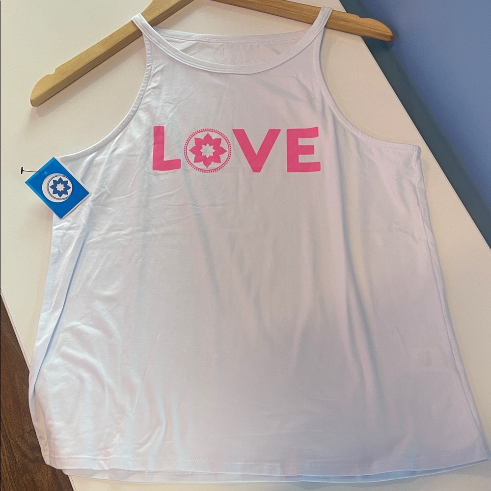 NWT White Club PilatesTank Top with Pink LOVE Graphic, large